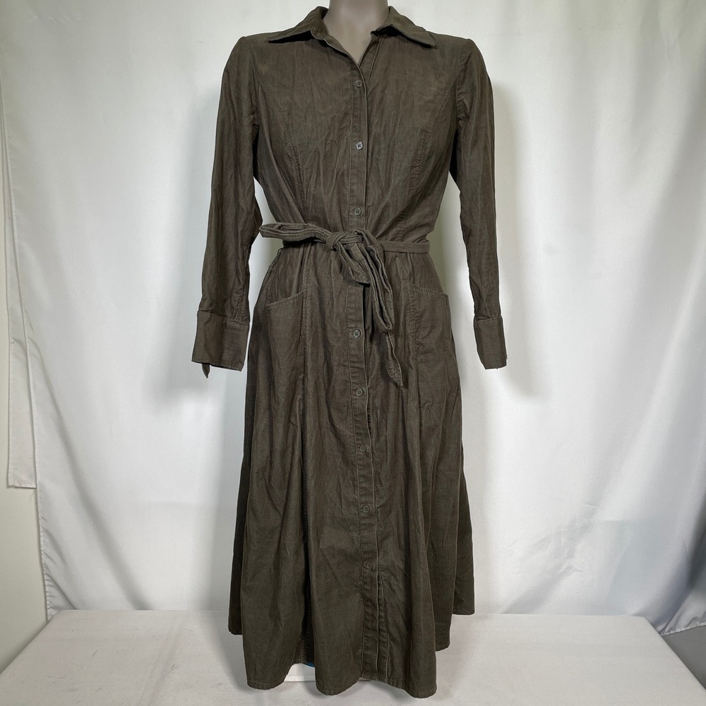 Ann Taylor LOFT Brown Corduroy Button Front Belted Midi Shirt Dress Womens Sz 10